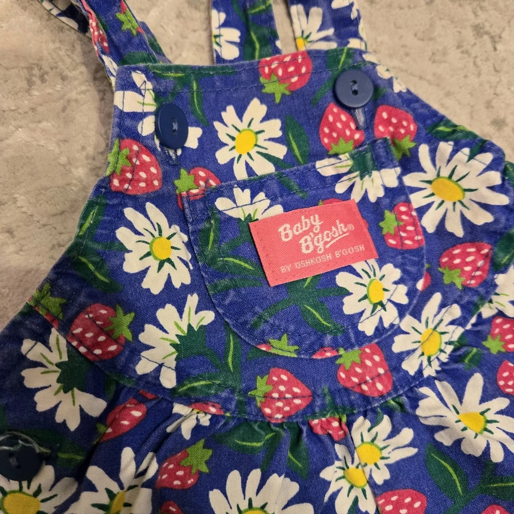 OshKosh B'gosh Vintage 1990s Blue Strawberry Print Floral Onesie Overalls